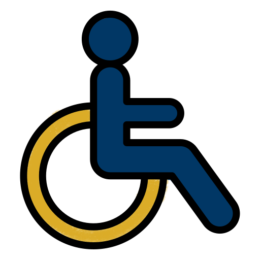 A blue and yellow icon of a person in a wheelchair representing accessibility and inclusivity.